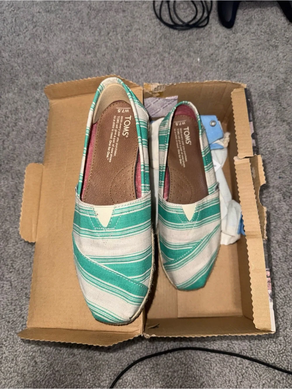 TOMS Green and Cream Striped Canvas Slip-Ons